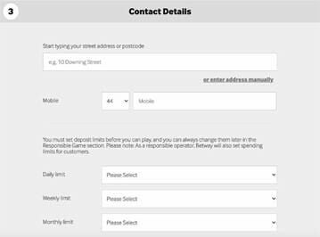 Betway registration page contact details