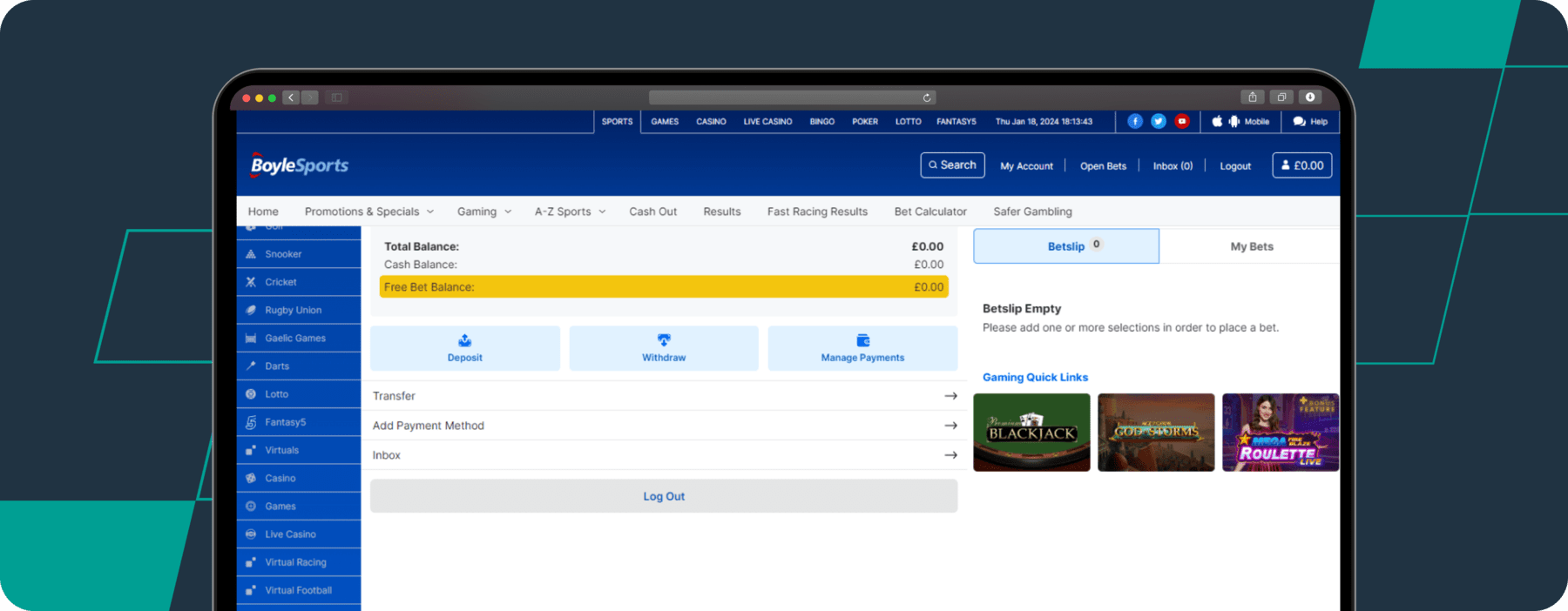 boylesports my account page screenshot