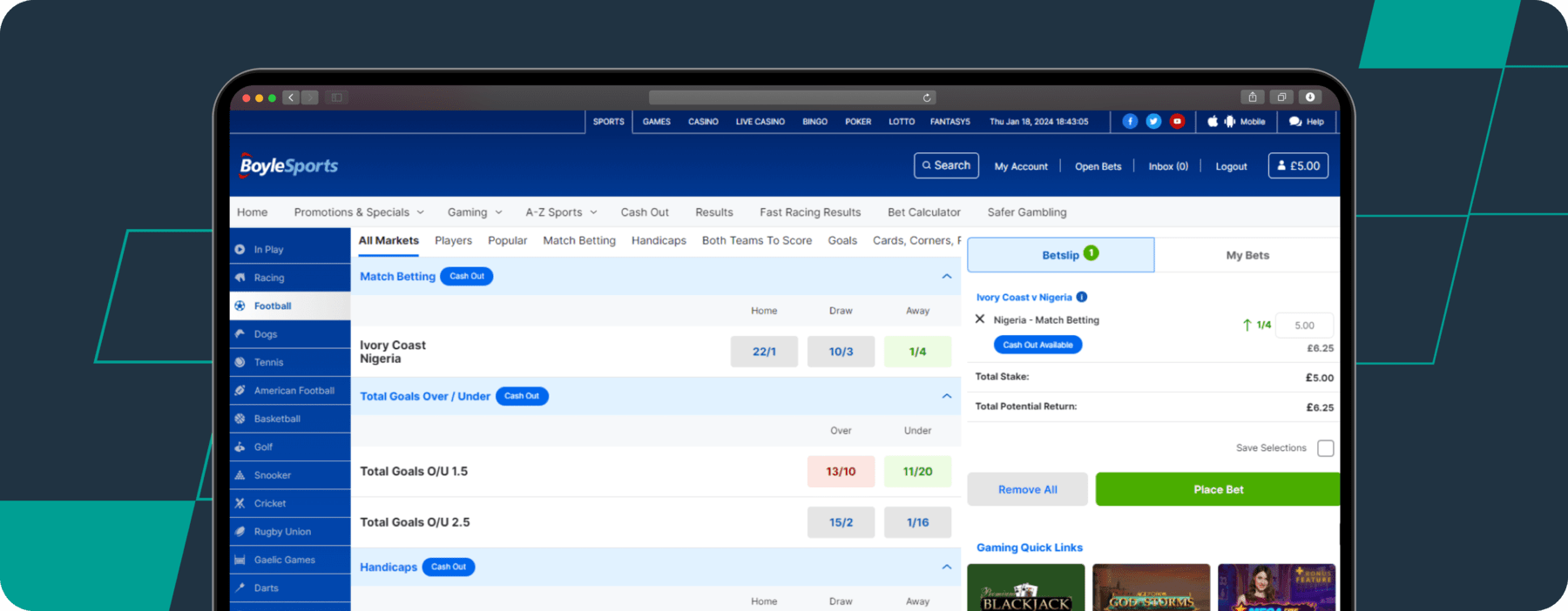 boylesports placing a bet screenshot