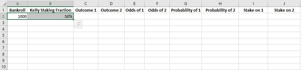 Kelly Criterion Calculator in Excel Step 2