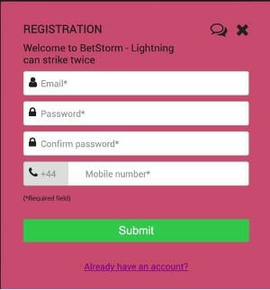 BetStorm Registration Screenshot