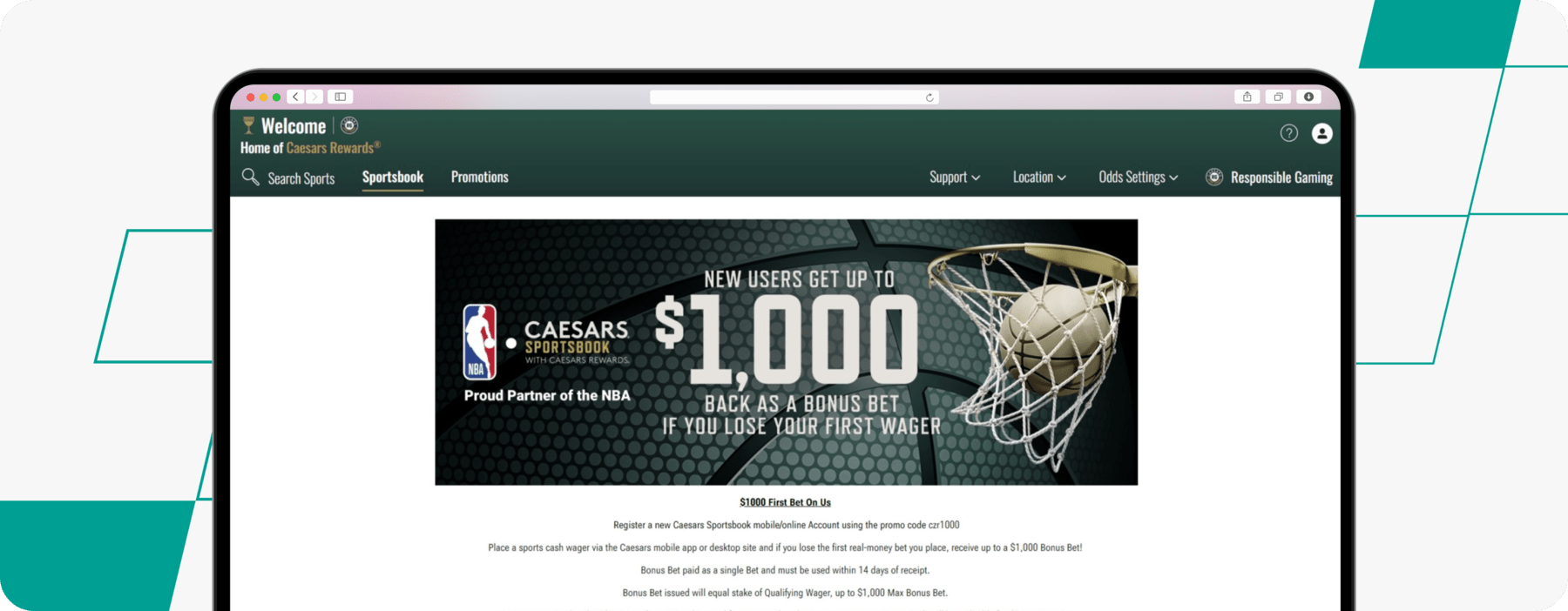 screenshot of caesars sportsbook welcome offer